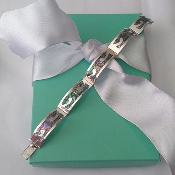 Sterling Silver 5 Panel Hinged Hecho en Mexico Abalone Inlay bracelet, 7" - Picture 1 of 8
